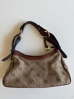 Dooney & Bourke DB Monogram Jacquard Hobo Shoulder Bag Brown Leather Trim